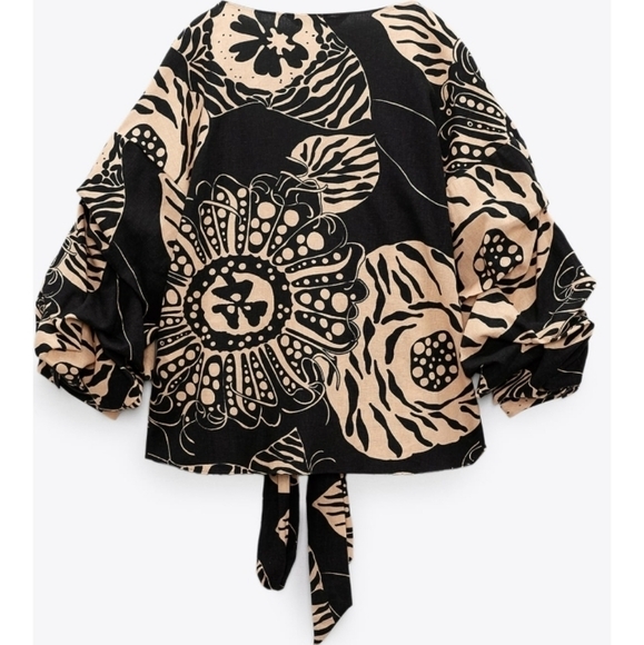 Zara printed linen Blend Wrap Style top - Picture 3 of 7